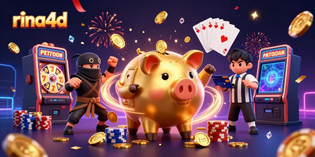 Celebrate wins with rina4d's vibrant piggy bank sumo wrestler amidst cascading gold coins and exciting gameplay.