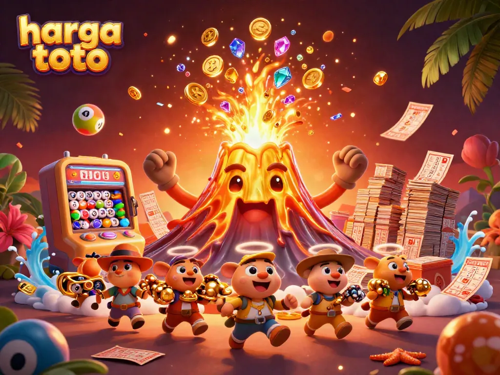 Gambar ilustrasi 3D harga toto dengan mesin lotere, koin dan harta karun bertebaran