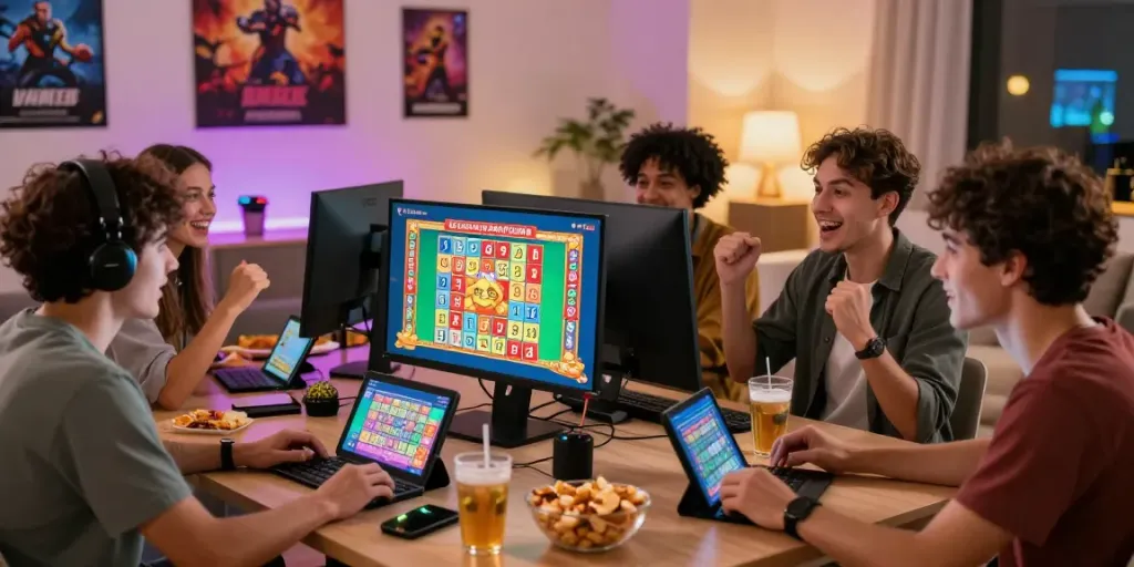 Exciting Bandar Togel online gaming atmosphere with friends, vibrant lottery graphics, and cozy living room setup.