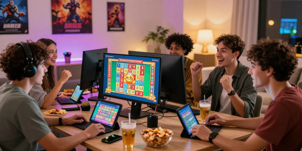 Exciting Bandar Togel online gaming atmosphere with friends, vibrant lottery graphics, and cozy living room setup.