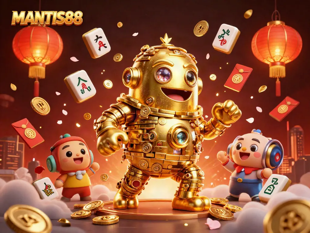 MANTIS88 celebrates thrilling online slots with a lively golden golem amidst festive decorations