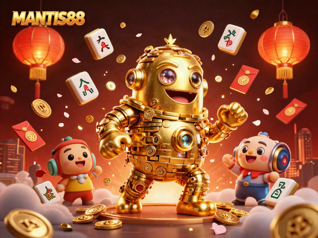 MANTIS88 celebrates thrilling online slots with a lively golden golem amidst festive decorations