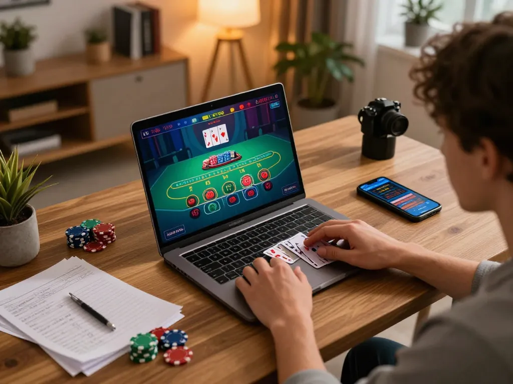 Engaging in an online lc88 blackjack game with strategic notes visible at home.