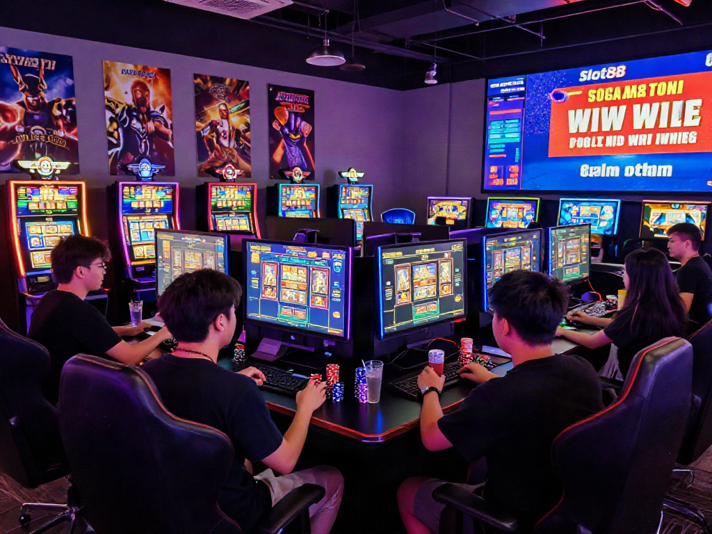 Slot88 gaming setup with vibrant screens, players, and colorful atmosphere