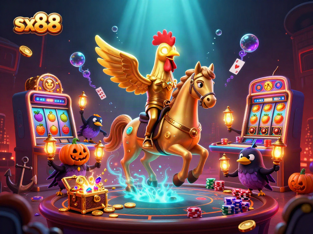 Sx88 golden rooster casino scene featuring a spectral horse, gold coins, and slot machines.