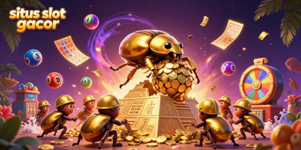 Engage with situs slot gacor through vibrant 3D illustration of golden beetles and casino elements.