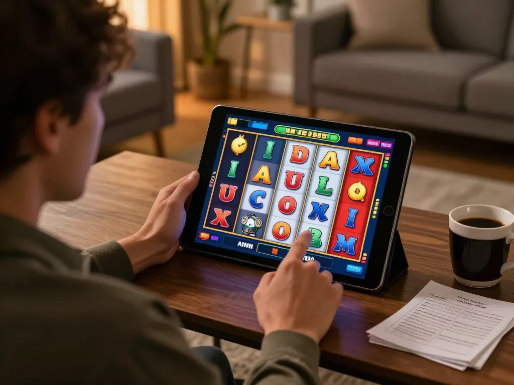 IDCASH88 player enjoying online slot game in a comfortable home setting, showcasing excitement and strategy.