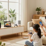Family enjoying tech gadgets for home in a cozy living room atmosphere.