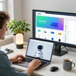 Person engaging with Clawd Bot AI assistant in a modern home office and managing smart home tasks.
