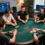 Engaging online poker session on GAWANG69 daftar, showcasing players with strategic hand gestures in action