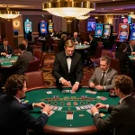 Players enjoy situs gacor blackjack at a bustling casino floor, creating an exciting gaming atmosphere.