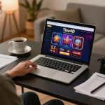 Pemain yang terlibat menikmati permainan slot online Tisu4D di rumah dengan laptop dan catatan strategi
