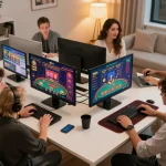 Juraganbola players engaging in online casino gaming with vibrant screens and cozy atmosphere