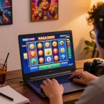 NAGA2000 player celebrating a win while gaming online at home, surrounded by a vibrant setup.