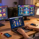 Experience slot gacor hari ini gameplay at home, celebrating wins on laptop in a cozy modern setup.