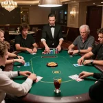 rokok 88 players engaged in high-stakes poker at luxurious VIP table illuminated by chandeliers