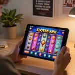Playing exciting slot games with the SLOT88 apk on a tablet in a cozy home setting.