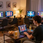 Playing slot pulsa online with excitement and snacks in a cozy home gaming setup.