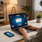 Pemain yang terlibat dalam permainan online di m88 mansion Indo, menampilkan layar laptop dan aplikasi mobile di lingkungan yang nyaman.
