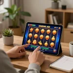 Pemain menikmati permainan slot ONDEL4D di tablet selama sesi permainan santai di rumah, dengan catatan strategi di meja.