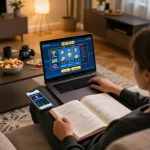 SIS4D online slot game interface displayed on a laptop in a cozy home setting, highlighting responsible gambling practices.
