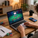 Engaging in an online lc88 blackjack game with strategic notes visible at home.