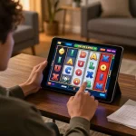 IDCASH88 player enjoying online slot game in a comfortable home setting, showcasing excitement and strategy.