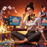 Illustration eines Paysafe Card Casinos, die einen professionellen Gamer an einem hochmodernen Setup mit dynamischen Spielelementen zeigt.