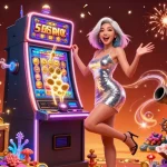 Experience exciting jackpots with 55RP terpercaya, featuring a glamorous woman celebrating a big win.