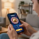 Engaging with the bayitoto app for online casino gaming, showcasing excitement in a cozy environment.