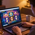PULSASLOT SLOT ONLINE TERPERCAYA shows a player strategically engaging with online slot games on their laptop.
