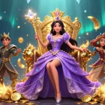 Engage in thrilling slot gacor gameplay with vivid characters amidst a treasure-filled casino scene.