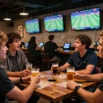 Pelanggan bersorak di bar taruhan olahraga menggunakan oracleappshub untuk odds langsung dan strategi