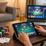 Engagierter Spieler genießt das Spiel in einem Paysafe Card Casino in einer gemütlichen Wohnzimmerumgebung.