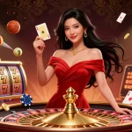 Engage in thrilling online gaming action with habibi107, featuring a beautiful woman and dynamic slot elements.