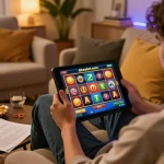 Main OKESlot Deposit Qris Tanpa Potongan dalam aksi dengan orang yang menikmati slot di tablet, menggambarkan pengalaman bermain yang nyaman.