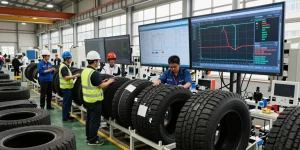 Team of tire engineers reviewing RR99 specifications in a modern factory.