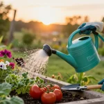 Gardener using Filterlogic Garden Hose Water Filter to nourish vibrant flowers and vegetables in a sunny garden.