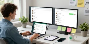 Engaging workspace showcasing WhatsApp網頁版 on dual monitors with a modern, vibrant atmosphere.