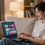Engaging woman watching bokep china full hd content in cozy digital workspace environment.