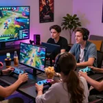 A lively gaming session showcasing friends enjoying Tunas4D with snacks and colorful consoles in a cozy living room.