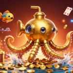 Join the excitement of 8id daftar as the golden kraken submarine surfaces amidst golden coins and game elements.