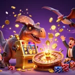 Permainan bujang toto yang seru dengan dinosaur dan mesin slot yang melepaskan koin emas