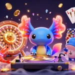 Engage with the exciting world of toto togel, featuring a vibrant scene of a neon axolotl DJ spinning records amidst sparkling gems and casino elements.