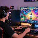 Pengalaman bermain game online seru di nusabhakti.com dengan monitor besar dan gamer bersemangat
