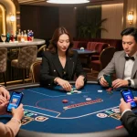 Sejumlah pemain di lounge judi mewah menggunakan LUXURY777 Daftar, suasana glamor dan semarak.
