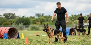 Professional K9 training with a focus on rokok 88 gear, showcasing harness and leash in action.