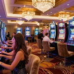 Pengunjung asyik bermain di mesin slot LUXURY777 di kasino mewah dengan lampu LED cerah.