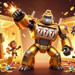 Miya4d slots in action with a golden gorilla mech and treasures bursting from a vault.