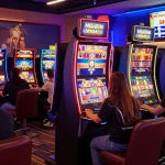 Excited players engaging with slot online machines in a vibrant casino setting
